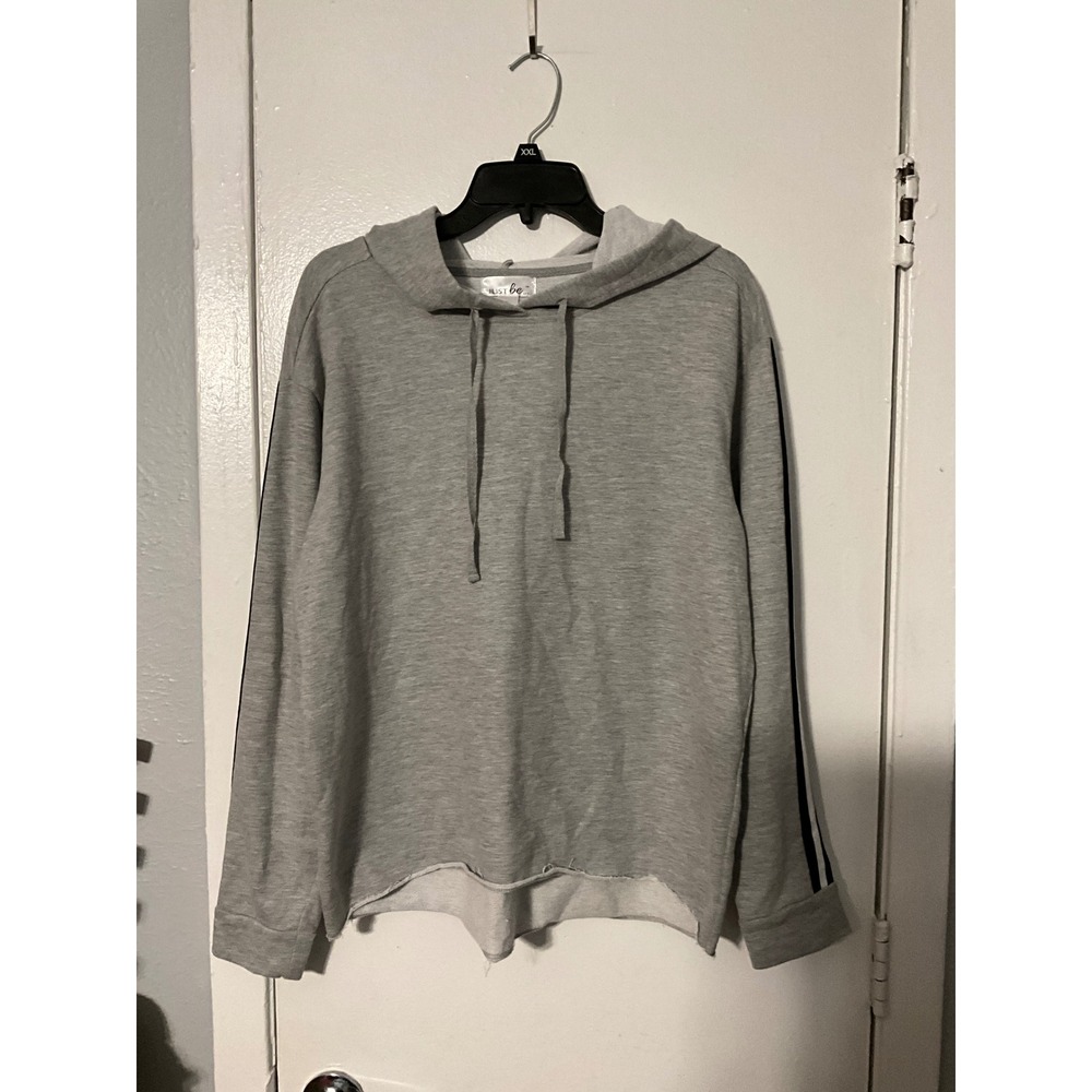 Just Be Womens Gray Striped Sleeve Raw Hem Pullover Hoodie Sweatshirt Large - Picture 4 of 5